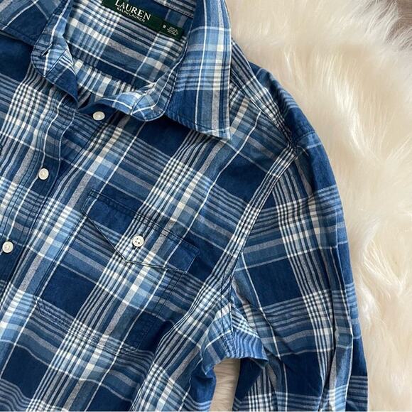 Ralph Lauren Blue Plaid Half Button Tunic Flannel Top M - Picture 2 of 5